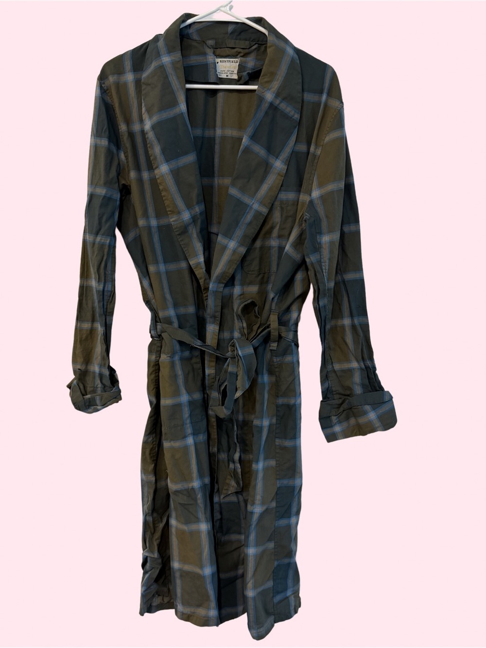 Kentfield Traveler Cotton Wrap Duster- Olive with Blue Windowpanel